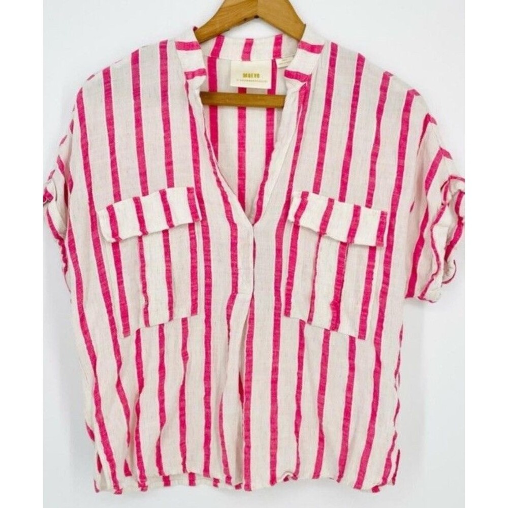 Anthropologie Maeve Amira Utility Shirt Blouse Medium Linen Blend Pink White